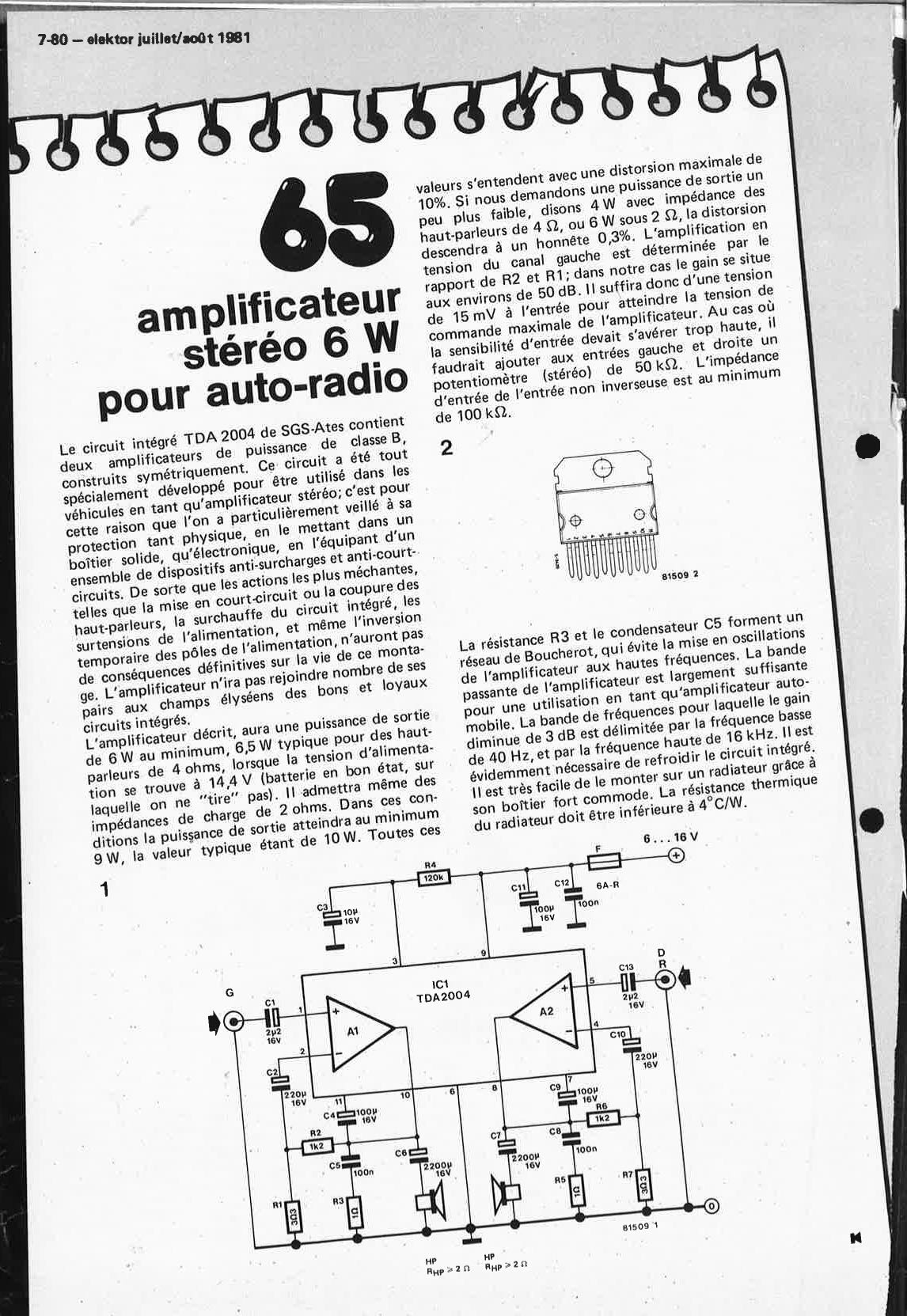 amplificatèur stéréo 6 W pour auto-radio